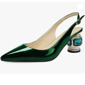 FSJ Women Pointed Toe Slingback Wedding Pumps Low Heel Rhinestone Sandals Green
